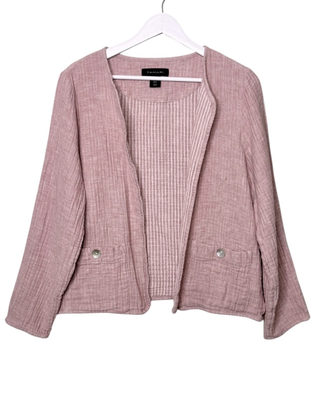 Tahari Linen Gauze Lightweight Jacket Top Mauve Pink Purple White Pockets Medium